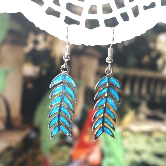 Botanical Blue Fire Opal Dainty Leaf Feather Fern Fishbone Drop Earrings - Picture 2 of 3